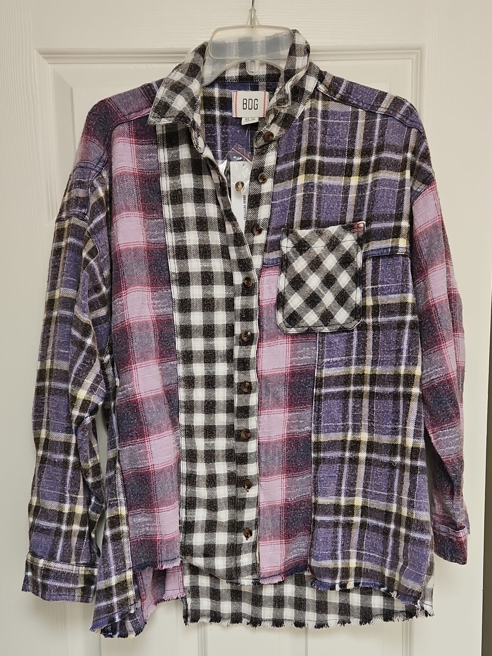 BDG Purple, Black & Pink Plaid Mixed-Flannel Button-Up Shirt Size XS
